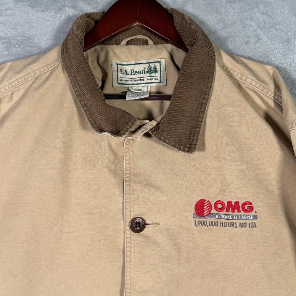LL Bean Coat Mens 2XL Beige Canvas Barn‎ Work Jacket Corduroy Collar Logo *FLAW - Picture 4 of 11